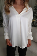 Load image into Gallery viewer, Jacey Collared V-Neck Satin Blouse-Cream