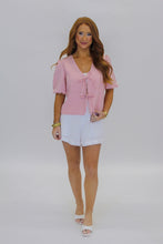Load image into Gallery viewer, Mal Gingham Bow Tie Puff Sleeve Blouse-Pink