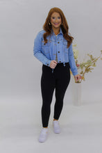 Load image into Gallery viewer, Blue Drawstring Cropped Denim Jacket
