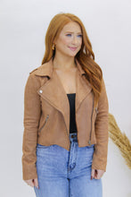 Load image into Gallery viewer, Mod Girl Faux Suede Biker Jacket- Camel
