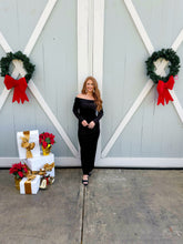 Load image into Gallery viewer, Midnight Velour Off Shoulder Midi Dress