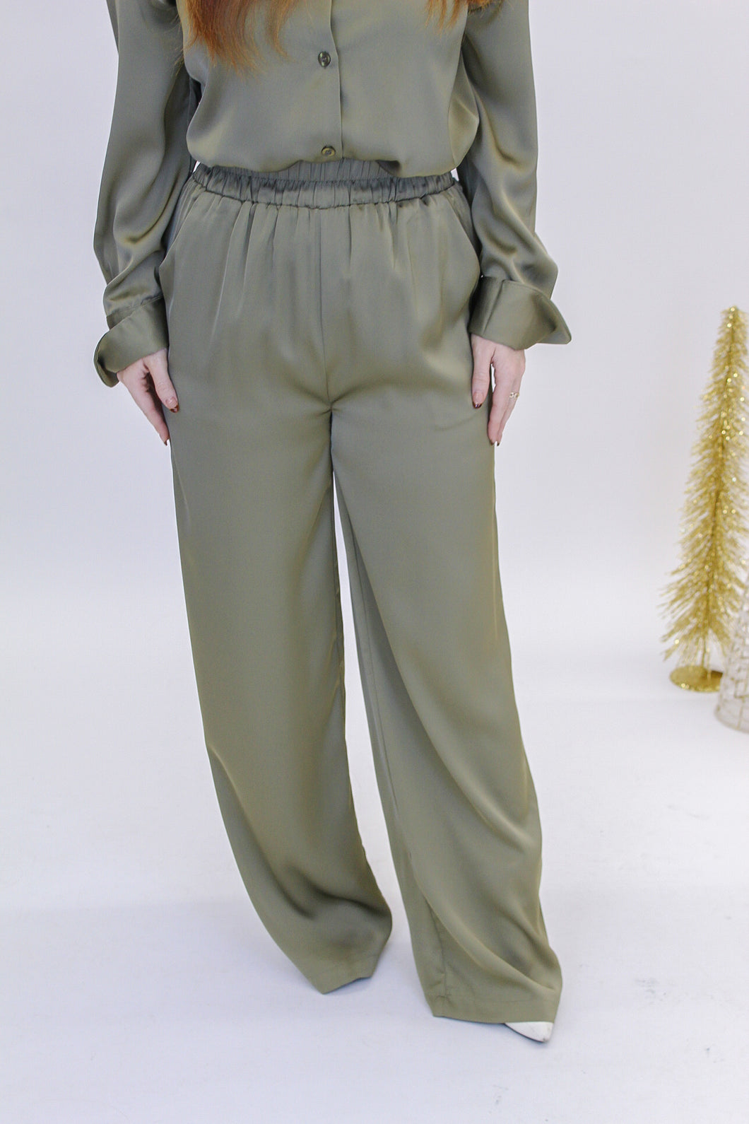 In Office Wide Leg Satin Pants- Olive