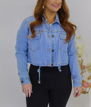 Load image into Gallery viewer, Blue Drawstring Cropped Denim Jacket
