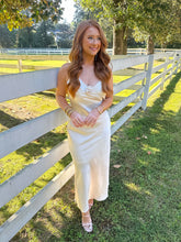 Load image into Gallery viewer, Rosette Satin Midi Dress-Champagne