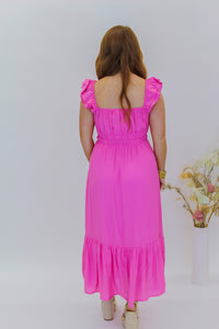Sweetheart Shirred Midi Dress-Pink
