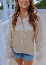 Load image into Gallery viewer, Broadway Girl Feather Cuff Button Up- Cream