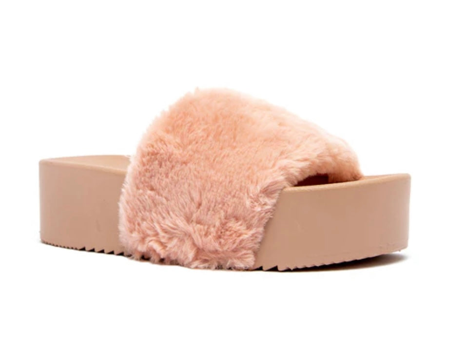 Faux Fur Platform Slippers- Blush