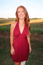 Load image into Gallery viewer, The Flirt Polka Dot Halter Dress-Burgundy
