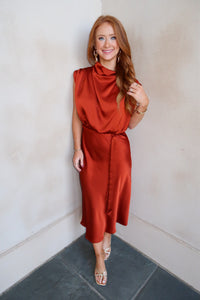Cindy Cowl Midi Dress- Rust
