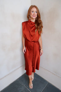 Cindy Cowl Midi Dress- Rust