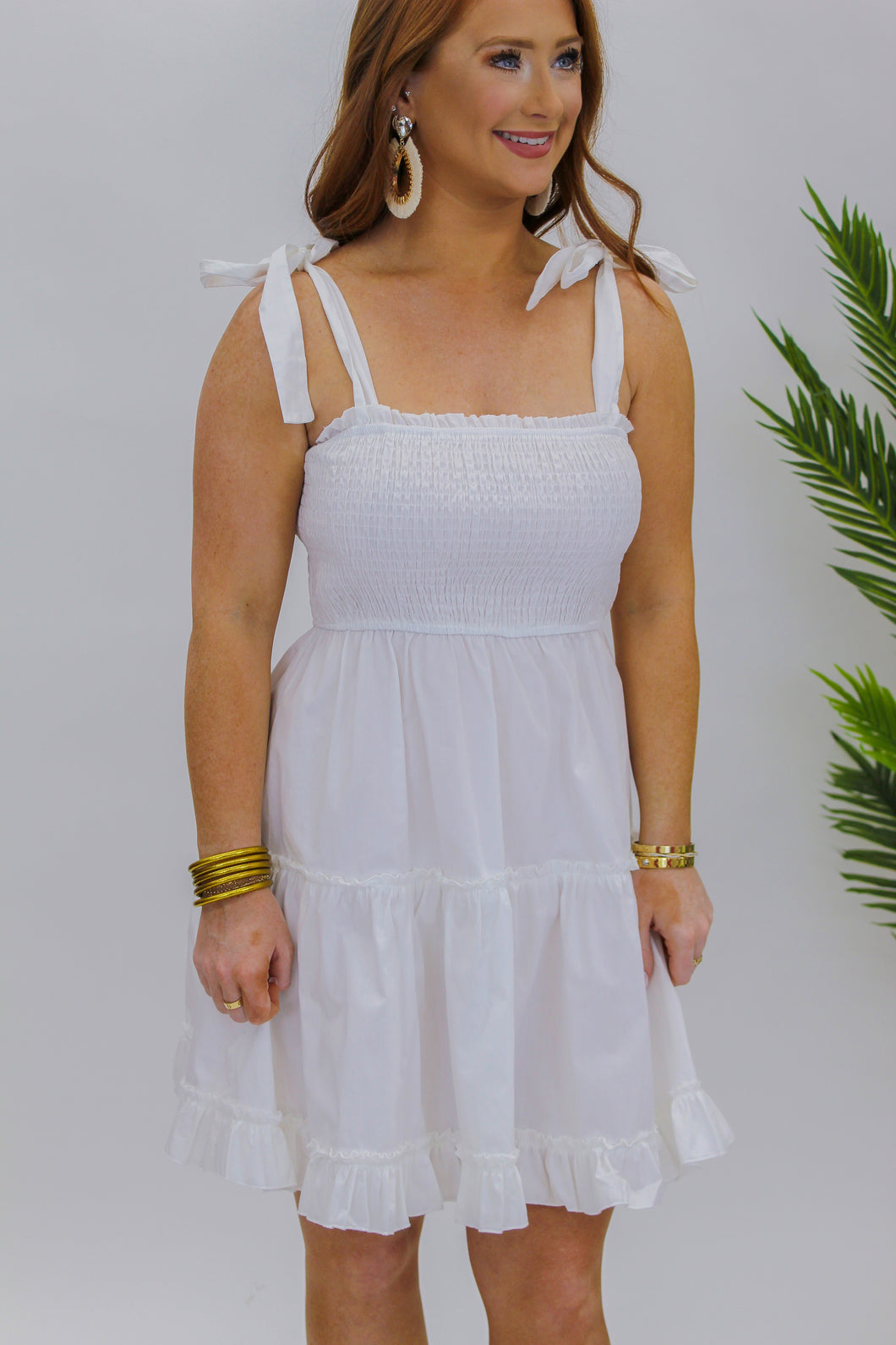 Shine Bright Smocked Mini Dress- White
