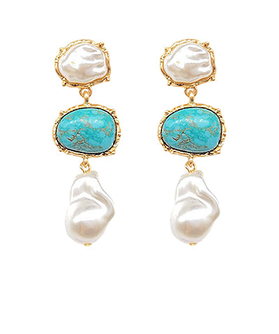 Stone & Oval Pearl Linear Drop Earrings