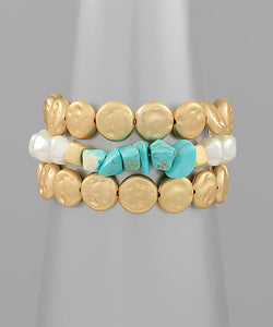 Color Stone & Pearl 3 Row Bracelet Set