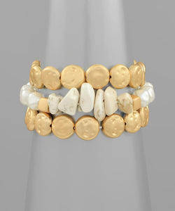 Color Stone & Pearl 3 Row Bracelet Set