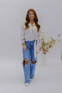 Carmen Button Down Tie Front Shirt- Cream