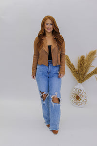 Mod Girl Faux Suede Biker Jacket- Camel