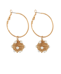 Ring & Wrapped Raffia Ball w/Pearl Earrings