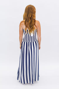Slade Strapless Stripe Midi Dress-Navy