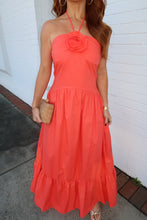 Load image into Gallery viewer, Poplin Rosette Halter Neck Midi Dress-Coral
