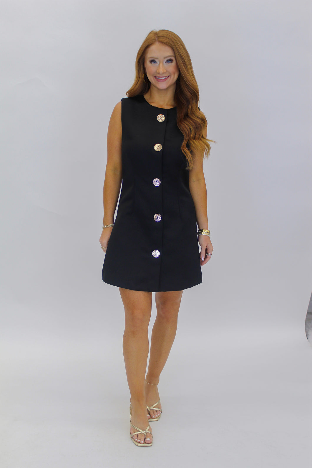 Jackie Gold Button Mini Dress-Black Ginger Bee Boutique Jackie Gold Button Mini Dress-Black Ginger Bee Boutique