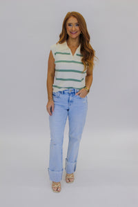 Wendy Collared Striped Polo Vest-Sage