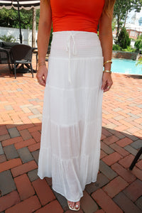 Sea Side Smocked Tiered Maxi Skirt-White