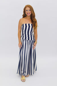 Slade Strapless Stripe Midi Dress-Navy