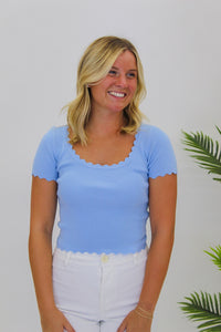 Tyra Scalloped Edge Top-Blue