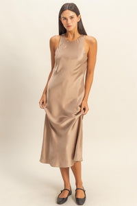 Destiney Satin Midi Dress- Taupe