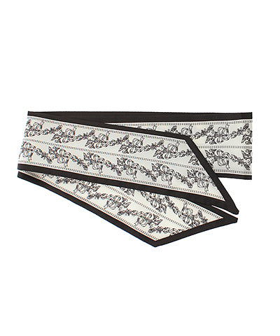 Bow & Flower Printed Narrow Silky Scarf