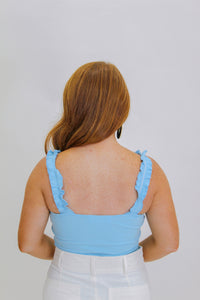 Bet You Ribbed Ruffle Strap Bodysuit-Blue