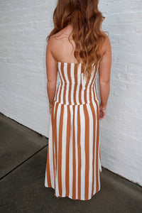 Slade Strapless Stripe Midi Dress- Tan