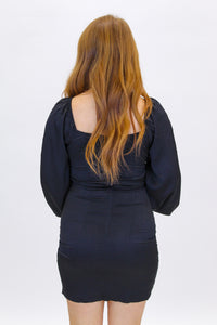 Impress Me Ruched Tie Hem Mini Dress- Black