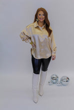 Load image into Gallery viewer, Busy Babe Oversized Satin Button Down- Gold
