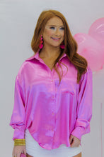 Load image into Gallery viewer, Busy Babe Oversized Satin Button Down- Pink
