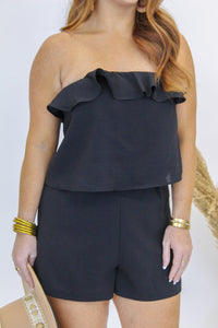 Mae Strapless Ruffle Detail Romper- Black