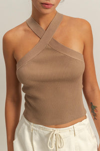 My Intentions Halterneck Ribbed Top-Taupe