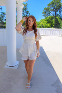 Material Girl Polka Dot Ruffle Romper- Cream