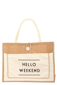 “Hello Weekend” Burlap Tote Bag
