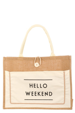 “Hello Weekend” Burlap Tote Bag