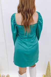 Winter Love Front Tie Satin Dress- Teal