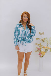 Marble Print Button Down Shirt- Blue
