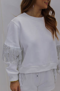 Dazzling Rhinestones Fringe Sweat Top- White
