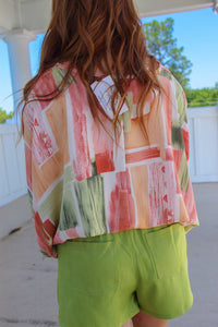 Vacay Surplice Pastel Print Blouse- Sage Multi