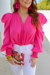 Nichole Puff Sleeve Bodysuit- Hot Pink