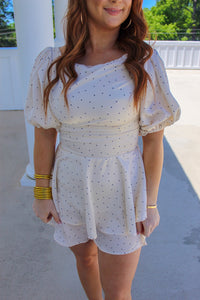 Material Girl Polka Dot Ruffle Romper- Cream