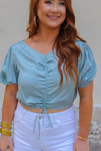 Lorianne Puff Sleeve Ruched Crop Top- Teal