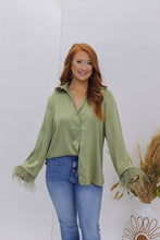 Load image into Gallery viewer, Power Love Button Up Feather Detail Sleeve- Olive
