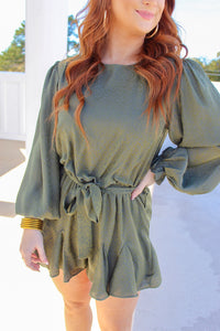 Lakin Long Sleeve Satin Romper- Olive