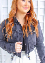 Load image into Gallery viewer, Aubrey Drawstring Crop Denim Jacket- Charcoal Grey
